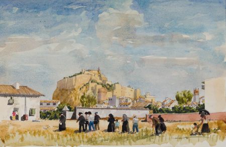 John A. Simson - Fine 1985 Watercolour, Funeral at Denia