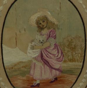 18th Century Embroidery - Oval Painted Silk and Needlecraft Girl with Cat
