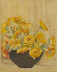 J.A.J. - Mid 20th Century Inlaid Bowl of Flowers Picture