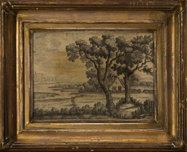 19th Century Needlework on Silk- Traveller Passing a Cottage
