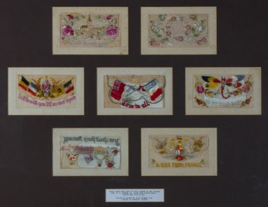 Early 20th Century Embroidery - Seven Framed Embroidered Wartime Postcards