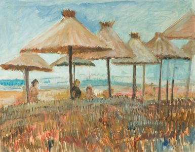 Gilbert Adams FRPS (1906-1996) - Mid 20th Century Oil, Beach Umbrellas
