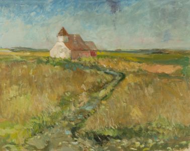 Gilbert Adams FRPS (1906-1996) - Mid 20th Century Oil, Building in a Landscape