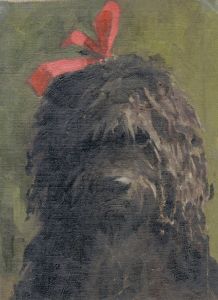 Mary Cecilia Crompton - Contemporary Oil, Shaggy Dog with Red Ribbon
