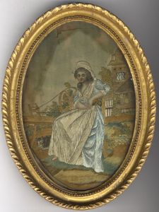 Antique Oval Early 19th Century Embroidery - Young Girl Spinning