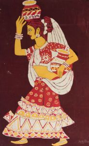 Aradhana - Large Mid 20th Century Batik, Woman Carrying Water