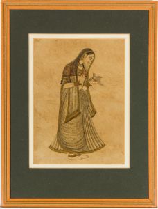A Pair of Indian School Early 20th Century Watercolours - Lady with Bird & Wheel