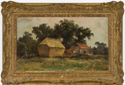 English School Framed 19th Century Oil - Barns and Haystack