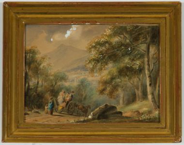 Lucille Barker - c.1845 Watercolour, Woman on Horse Drawn Cart in a Landscape
