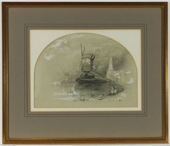 Gilt Framed 19th Century Graphite Drawing - Dutch Landscape with Windmills