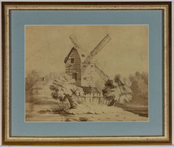 19th Century Monochrome Watercolour - Windmill