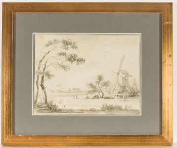 Monochrome 19th Century Watercolour - Landscape with Windmill