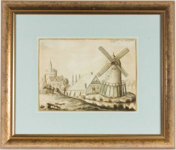 Monochrome 18th Century Watercolour - Windmill View