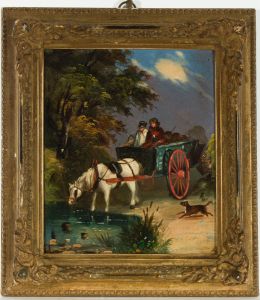 Gilt Framed 19th Century Oil - Couple in Horse-Drawn Carriage