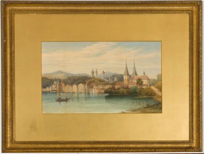 F. Dimes - Signed 19th Century Watercolour, Continental Town and Lake Scene