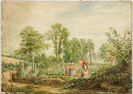 English School 19th Century Watercolour - Women and Girl in a Garden
