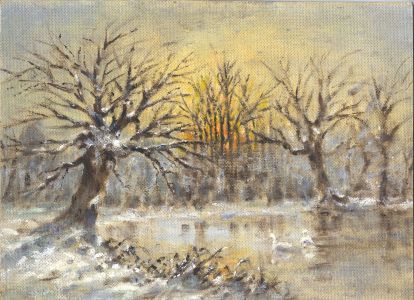 Bernard H. Wiles (1883-1966) - Signed Oil, Snowy Lake Landscape with Swans