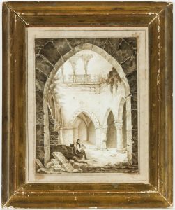 Small Late 19th Century Pen and Ink Drawing - Artist in a Classical Ruin