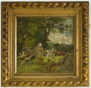 Small British School 19th Century Oil - Unloading a Cart
