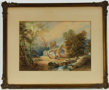 19th Century Watercolour - Landscape with Couple and a Church Ruin