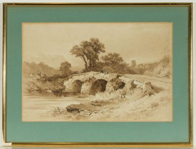 Framed Sepia 19th Century Watercolour - Fishing from a Stone Bridge