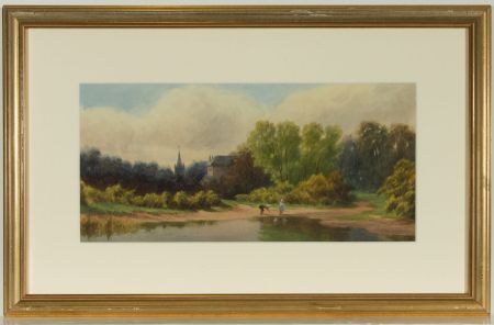 Framed Sepia Late 19th Century Watercolour - Children by the Pond