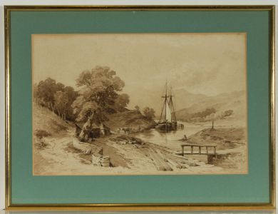 Framed Sepia 19th Century Watercolour - River Landscape