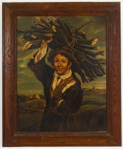 J.H.C. - Monogrammed 1833 Oil, Boy Carrying Wood