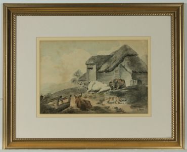 Attributed to Henry Park (1816 - 1871) - Signed Watercolour, Cattle on a Farm