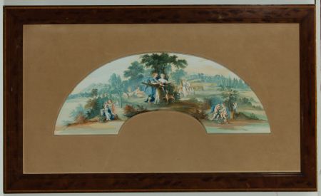 19th Century Gouache In a Parquetry Frame - Figures in a Landscape