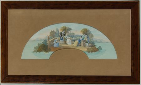 19th Century Gouache in a Parquetry Frame - Figures Taking Tea