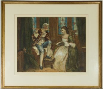 H.H. - Signed 1881 Watercolour, Suitor and a Lady in a Courtly Interior