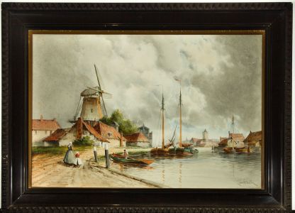 Louis Van Staaten (1836-1909) - Fine Signed Watercolour, Dutch Canal Scene