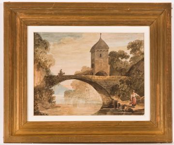 Fine 19th Century Watercolour - Classical River Landscape with Figure