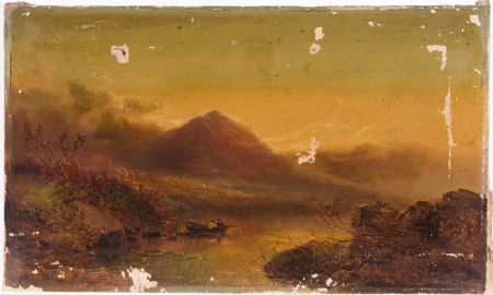 For Restoration 19th Century Oil - Highland Landscape with Figures in a Boat