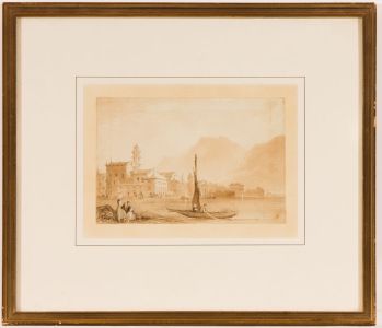Attrib to Thomas Allom (1804-1872) - Sepia Watercolour - Italian Harbour Scene