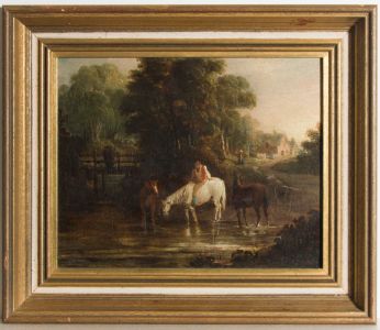 19th Century Oil - Horses Watering in a Stream