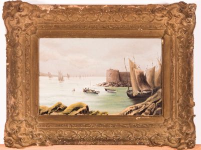 English School 19th Century Oil - Rocky Coastline with Ships