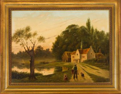 Late 19th Century Oil - Rural River Landscape with Figures and Dog