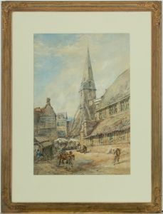 John Burgess (1814-1874) - 1855 Watercolour, Market Scene in Honfleur, Normandy