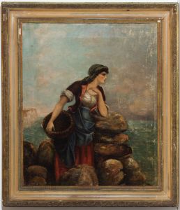 Impressive Gilt Framed 19th Century Oil - Fisherwoman in a Coastal Landscape