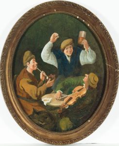 Oval Gilt Framed Dutch School 19th Century Oil - Tavern Scene