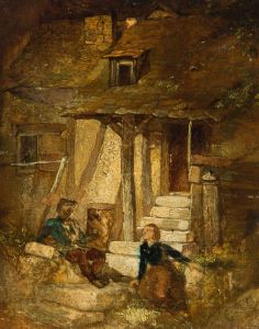 J.P. - 1860 Oil, Figures on Steps Outside a Cottage