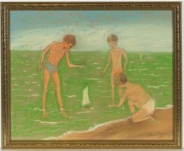 Noel Dowling - Signed 2009 Pastel, Children Playing on the Beach