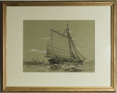 W.H.D - Framed Mid 20th Century Charcoal Drawing, Shipping Scene