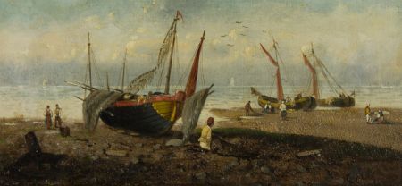 L. Erich - Impressively Framed 19th Century Oil, Ships and Figures on a Beach