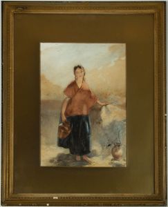 Gilt Framed 19th Century Watercolour - Girl with Water Pitcher