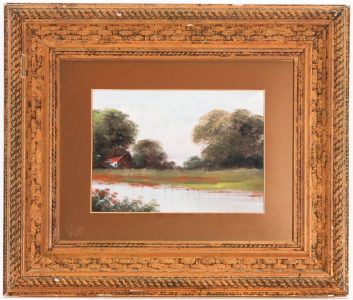 Gilt Framed 19th Century Oil - Landscape with House and River