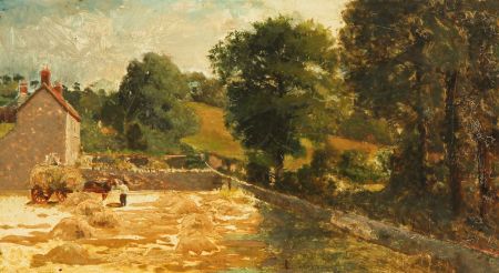 English School  19th Century Oil - Farmstead and Haystacks