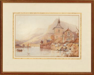 Gilt Framed 19th Century Watercolour - Austrian Lake Landscape